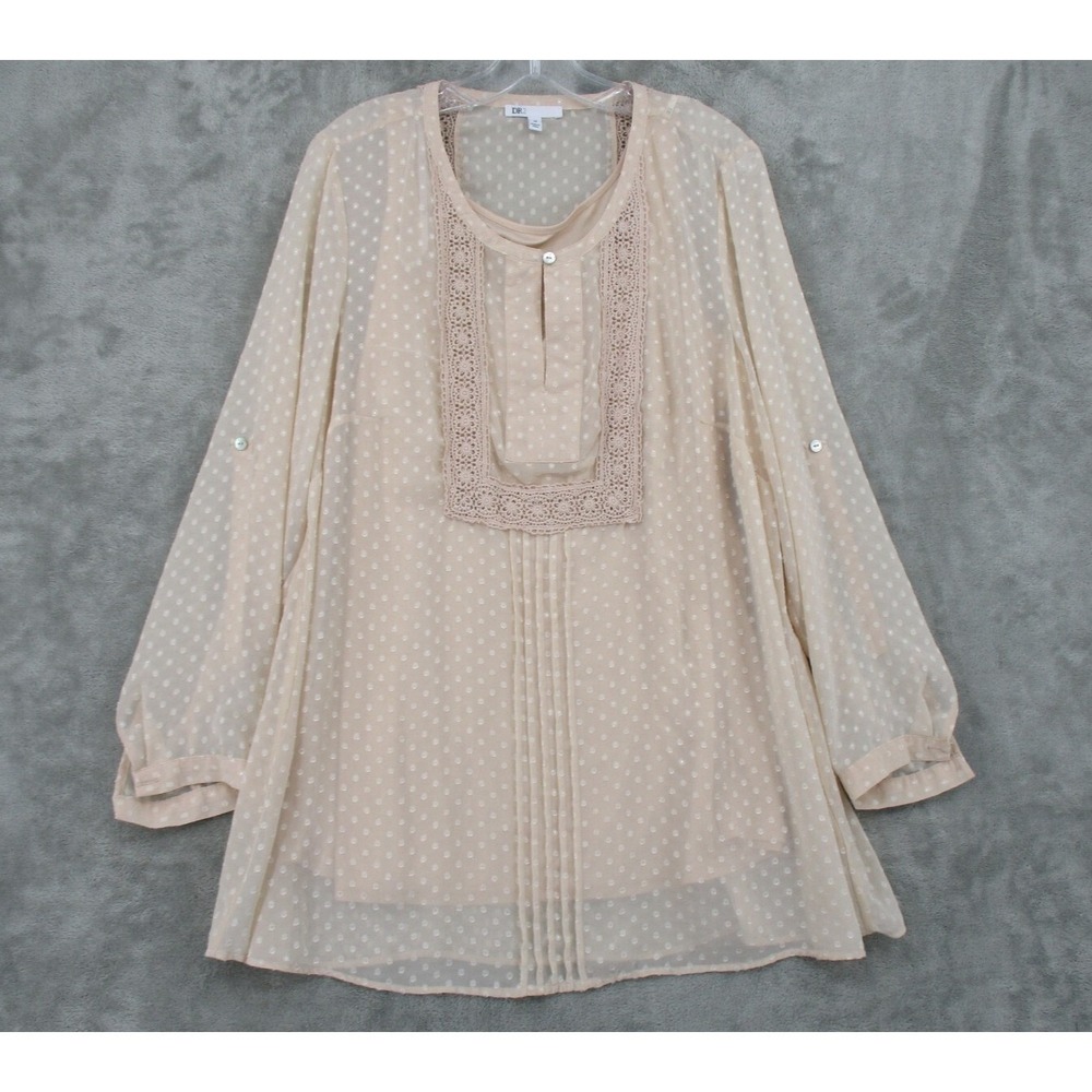 DR2 Top Womens Size 1X Swiss Dot Lace Trim Whimsy Dainty Coquette Sheer Pink